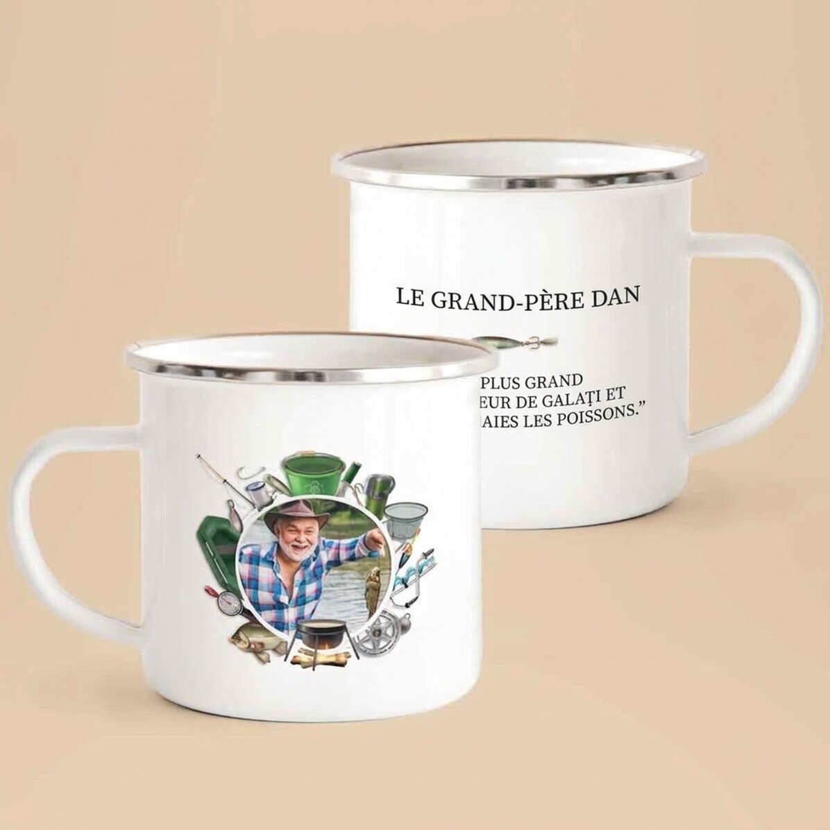 Tasse en métal émaillée avec une photo et un message pour les pêcheurs