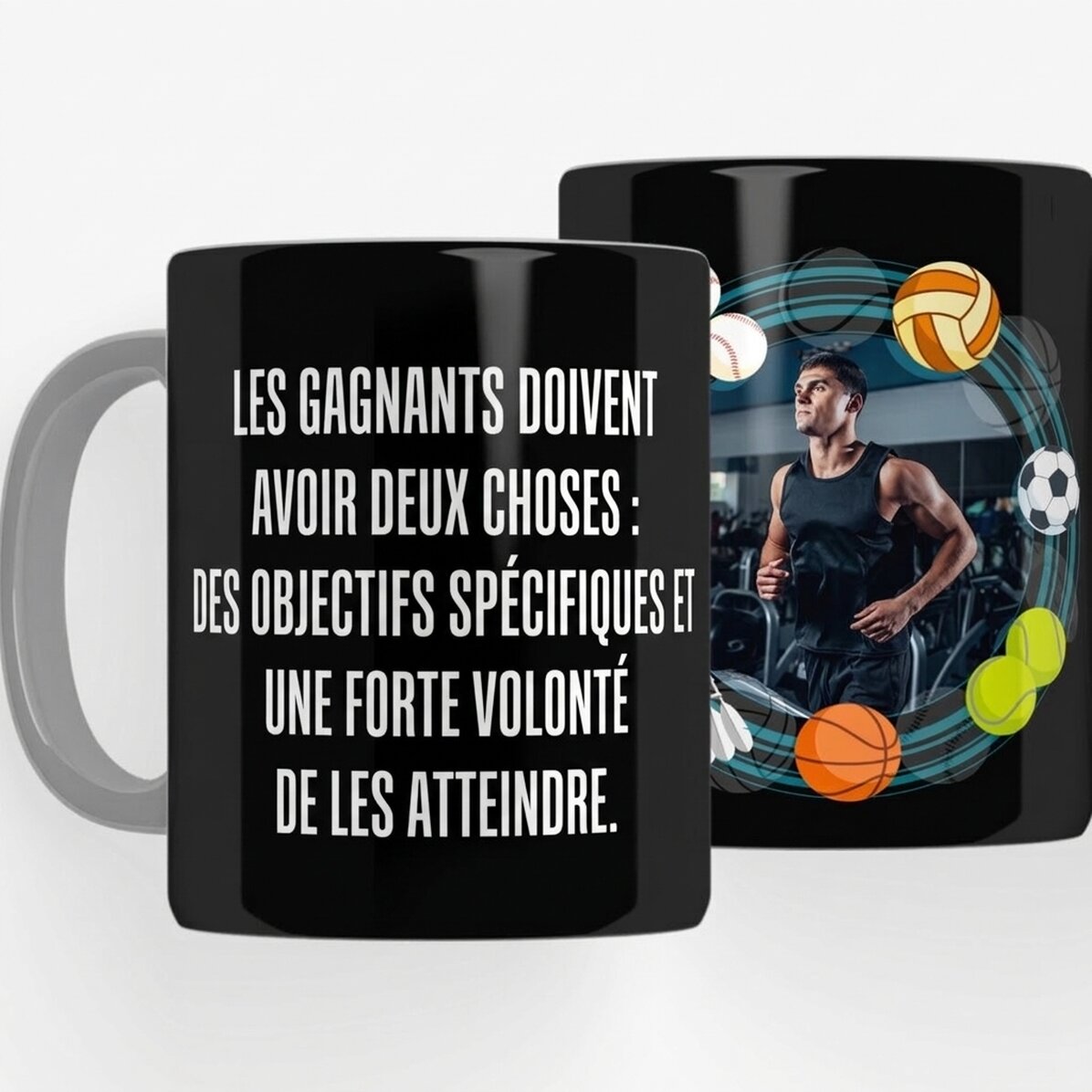 Tasse noire personnalisée avec un message pour les sportifs