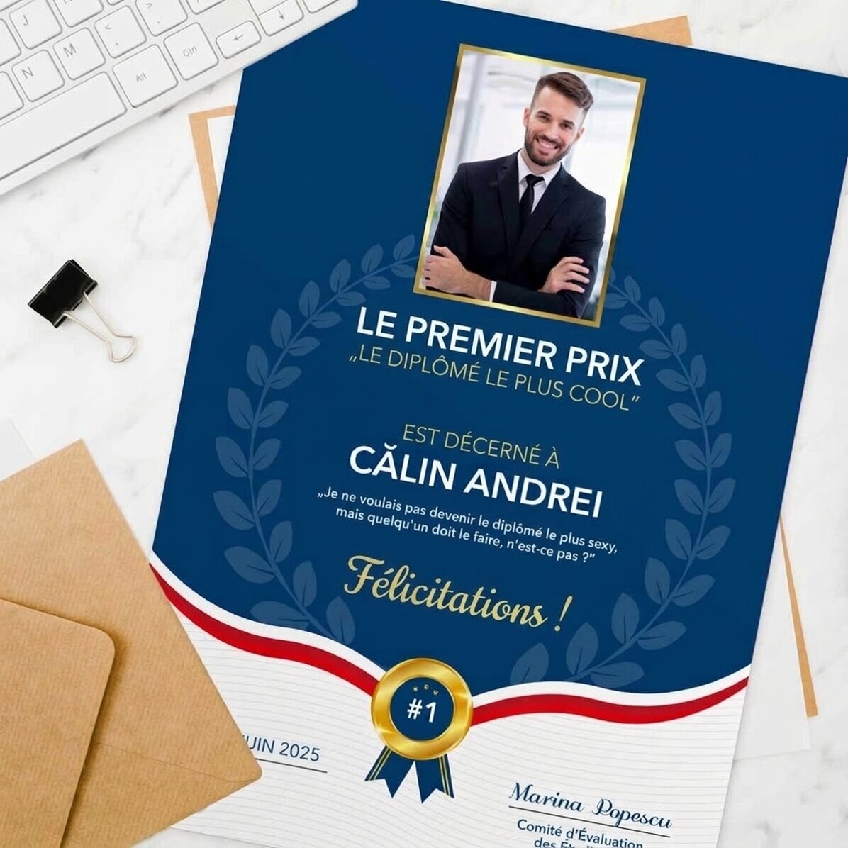 Diplôme personnalisé avec photo et texte - Meilleur diplômé