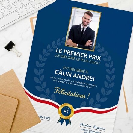 Diplôme personnalisé avec photo et texte - Meilleur diplômé