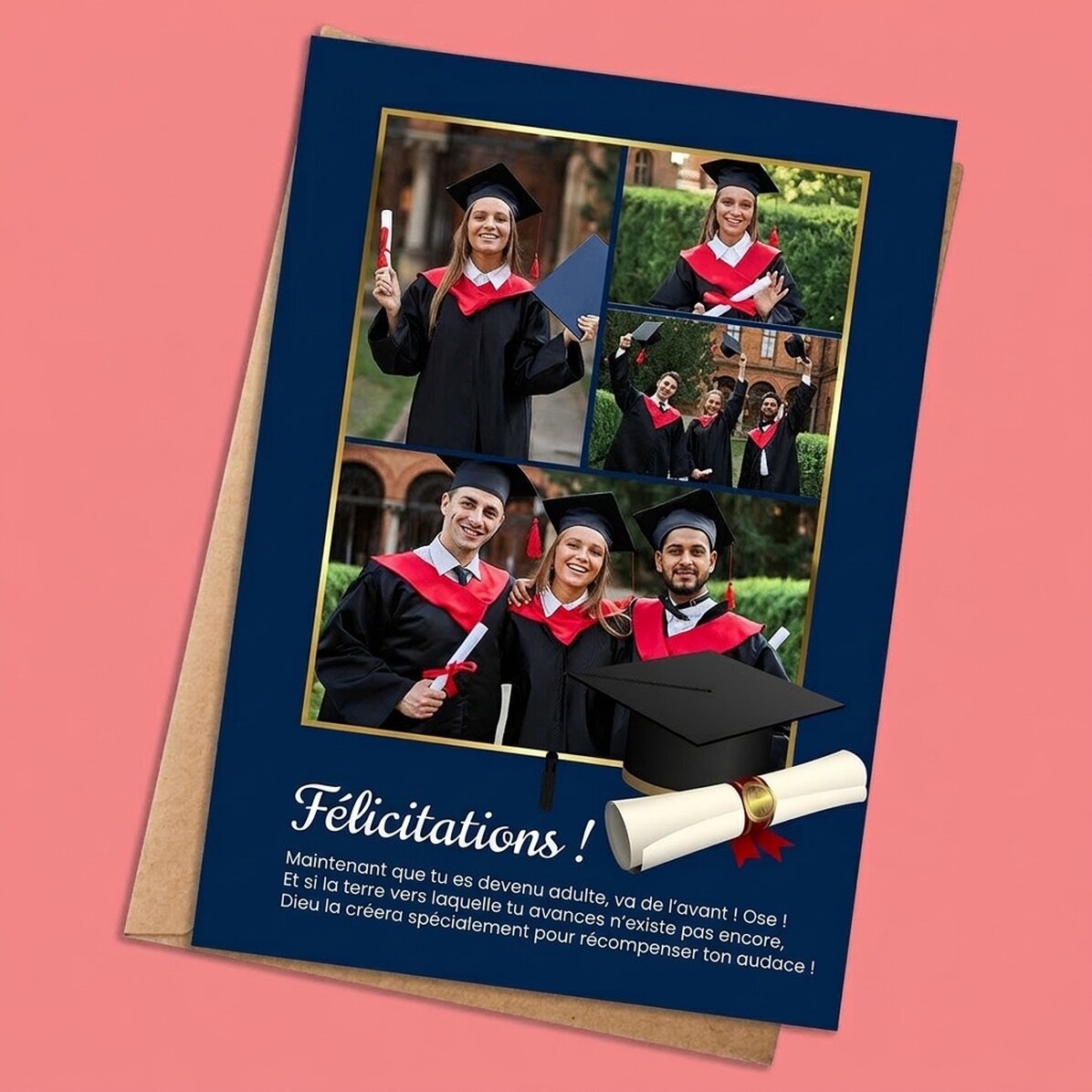 Carte personnalisée avec 4 photos et un texte pour la remise des diplômes