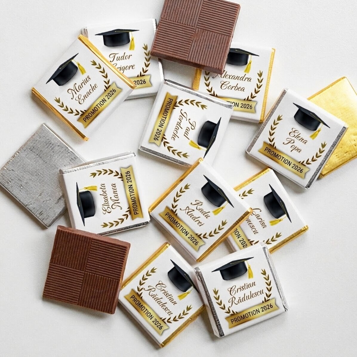 Lot de 10 mini-chocolats personnalisés avec un message pour les diplômés