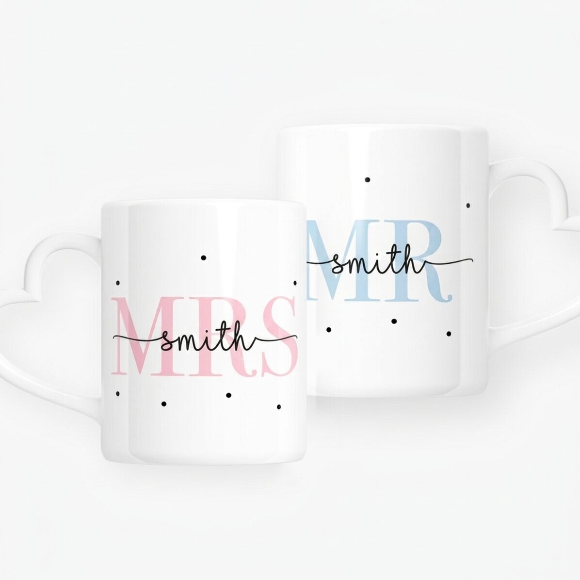 Tasses pour couple personnalisées avec un texte et une date - MRS & MR - modèle avec anse en forme d