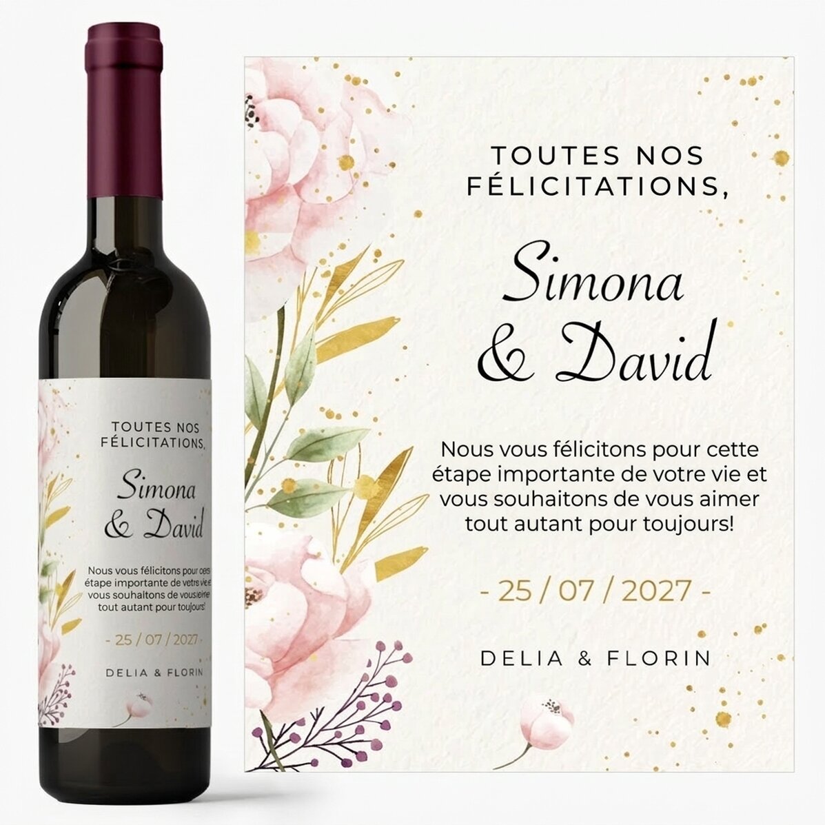 Vin personnalisé avec un message - Félicitations aux jeunes mariés