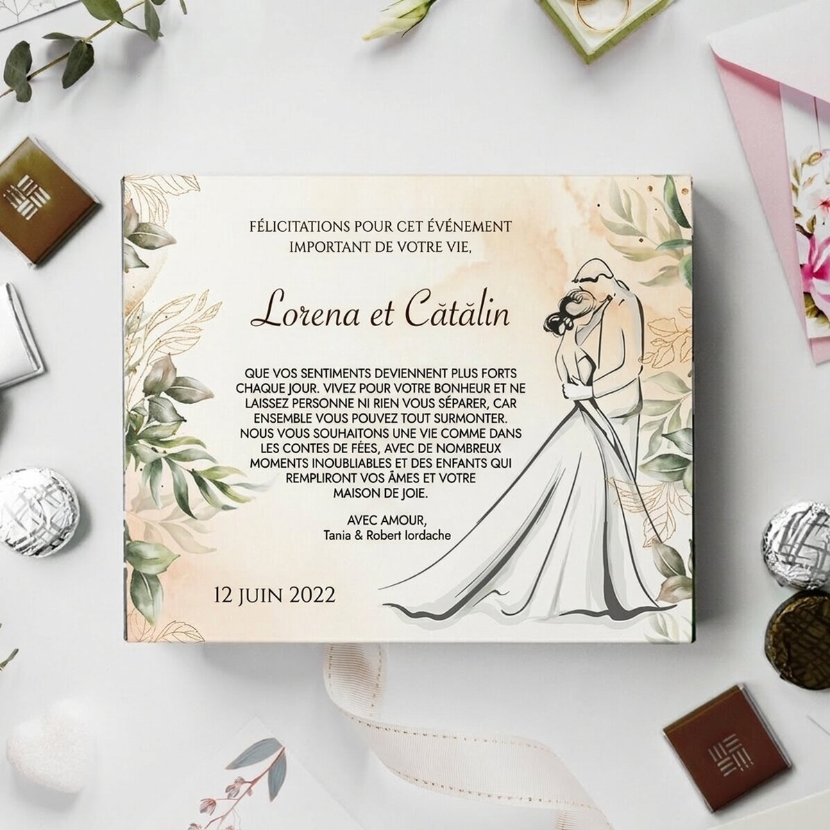 Boîte de bonbons personnalisée avec un message de mariage