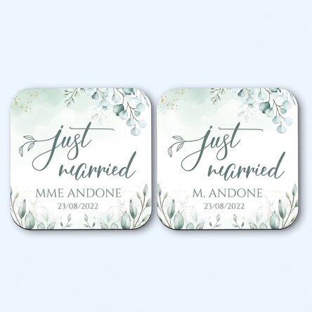Lot de 2 sous-verres personnalisés avec le texte « Just Married Elegance »