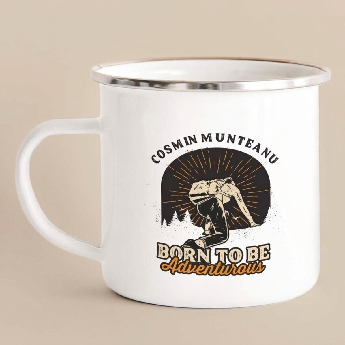 Tasse métallique émaillée avec un message pour les pêcheurs - Born to be adventurous