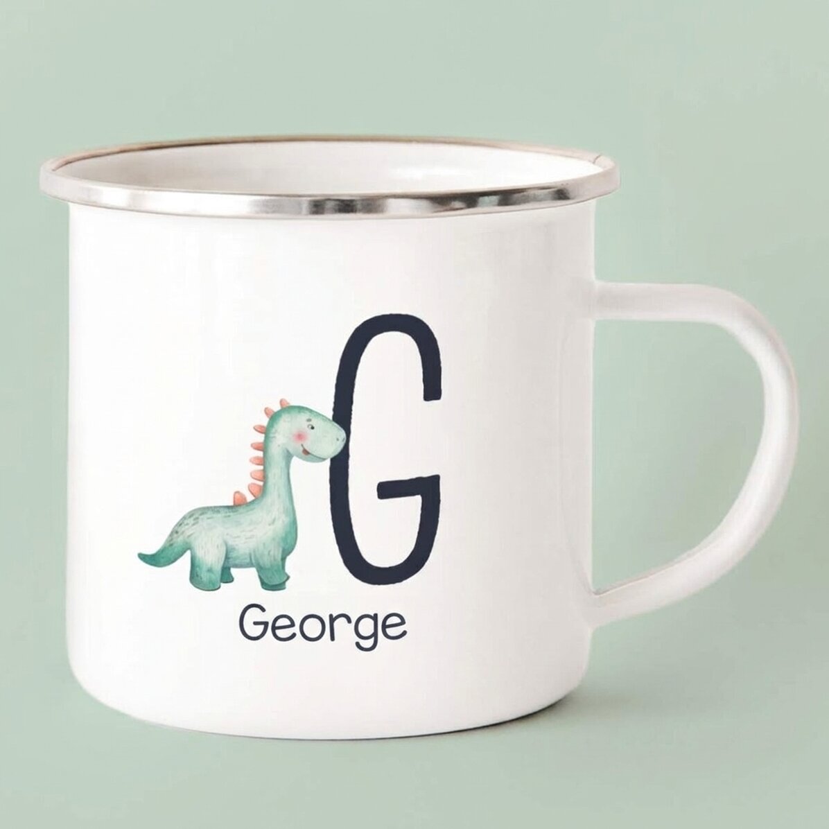 Tasse en métal émaillée avec prénom et initiale pour enfants - Dinosaure