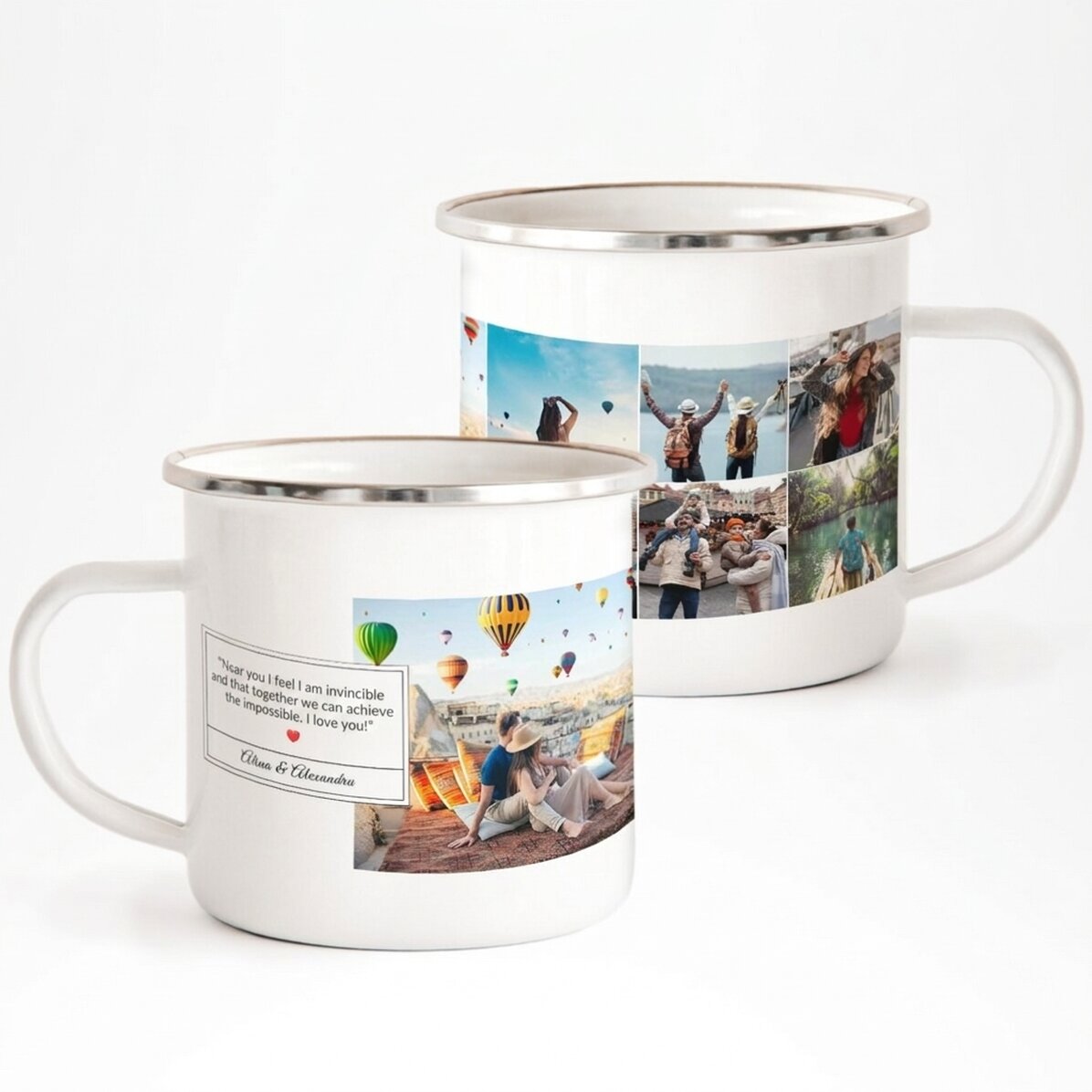Tasse en métal émaillée avec 6 photos et un message