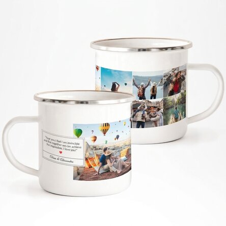 Tasse en métal émaillée avec 6 photos et un message