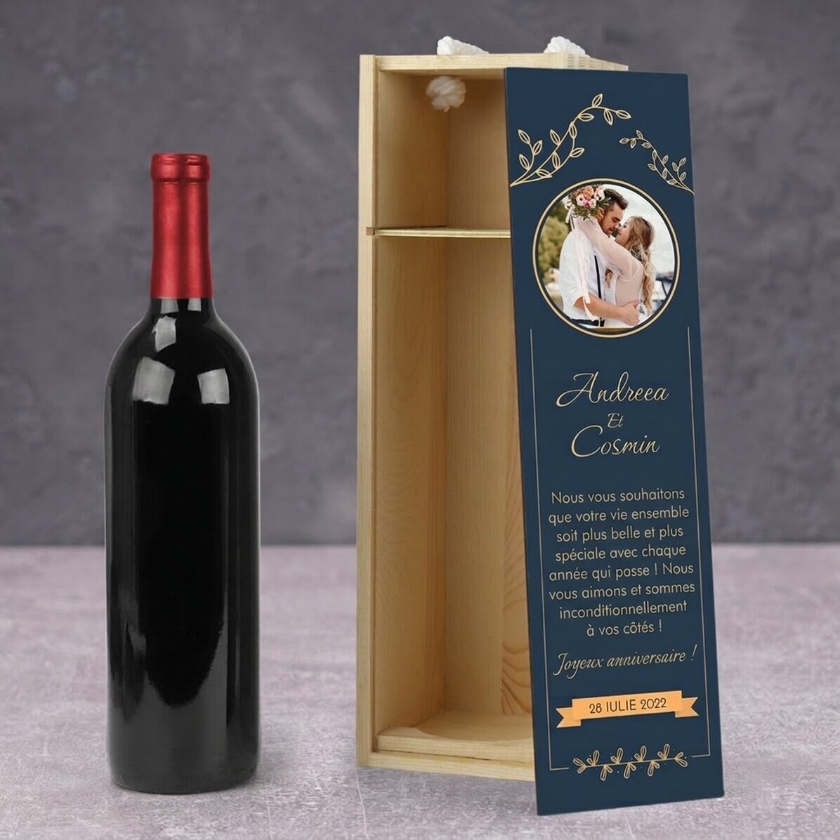 Caisse de vin personnalisée avec photo et texte - Anniversaire
