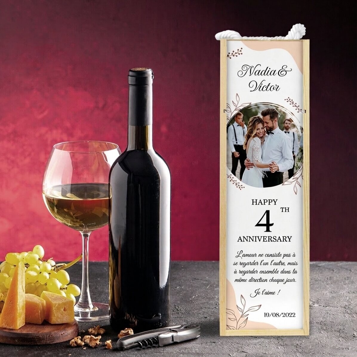 Caisse de vin personnalisée avec photo et texte - Anniversaire de relation