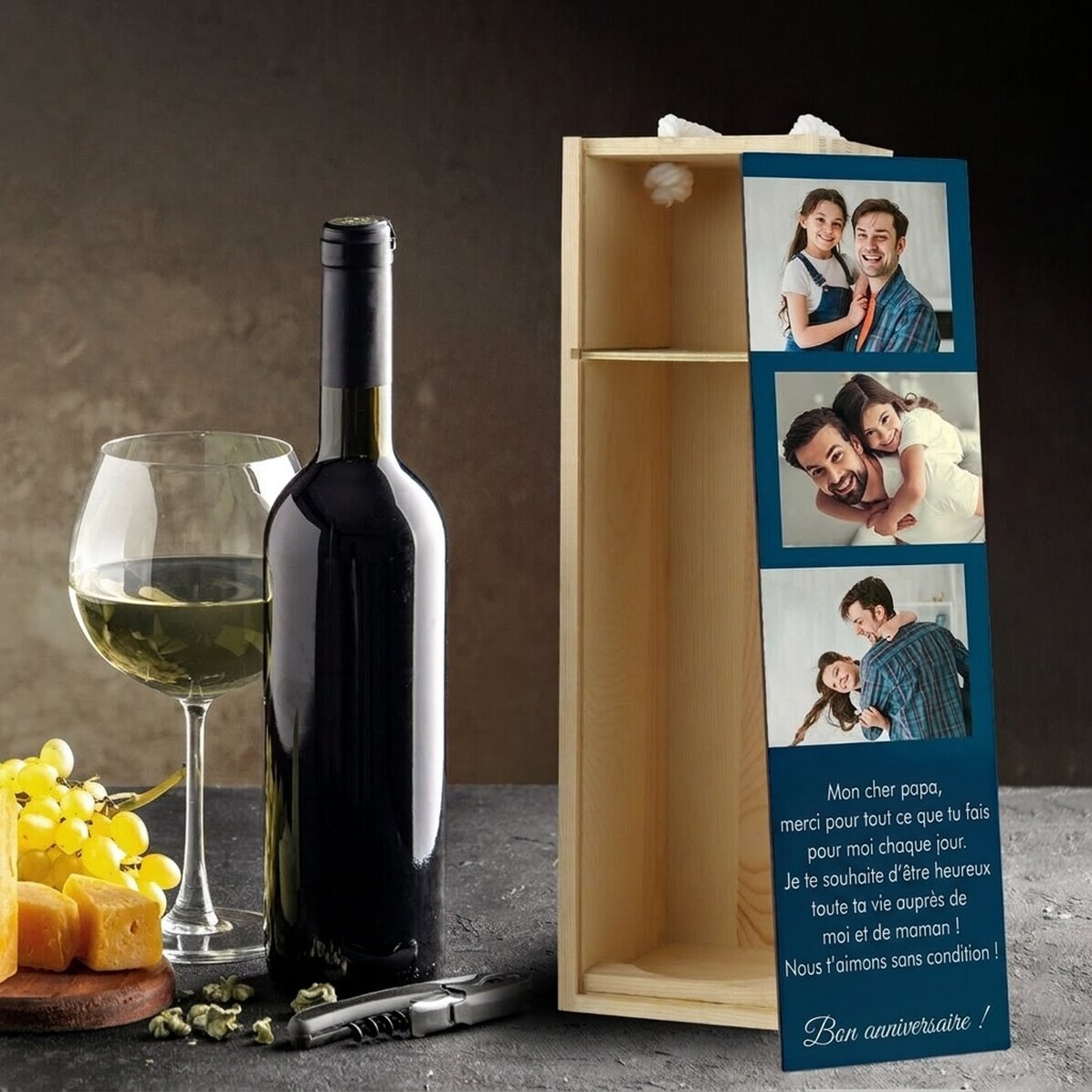 Coffret de vin personnalisé avec 3 photos et un message pour vos proches