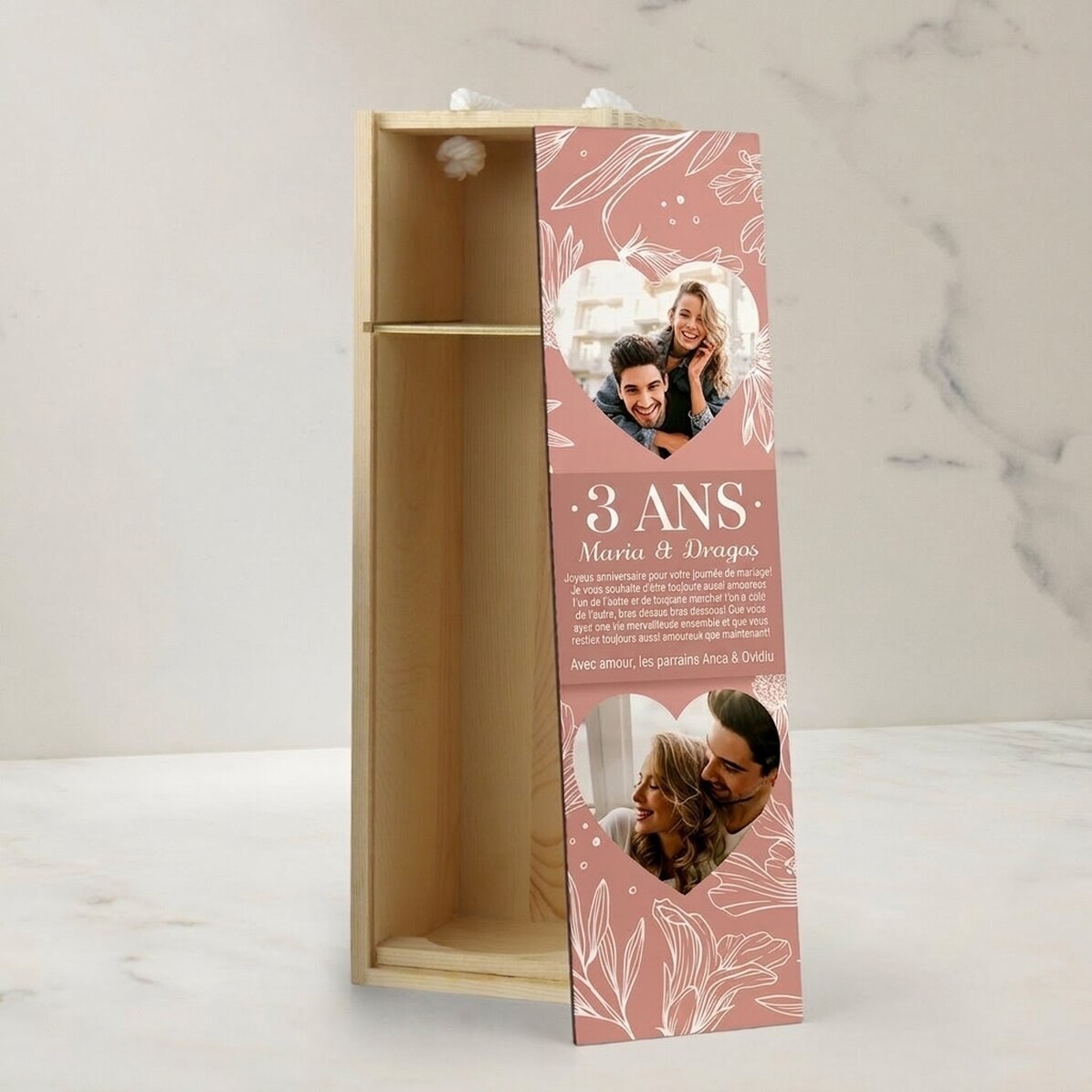 Coffret de vin personnalisé avec un texte et deux photos - Anniversaire de mariage