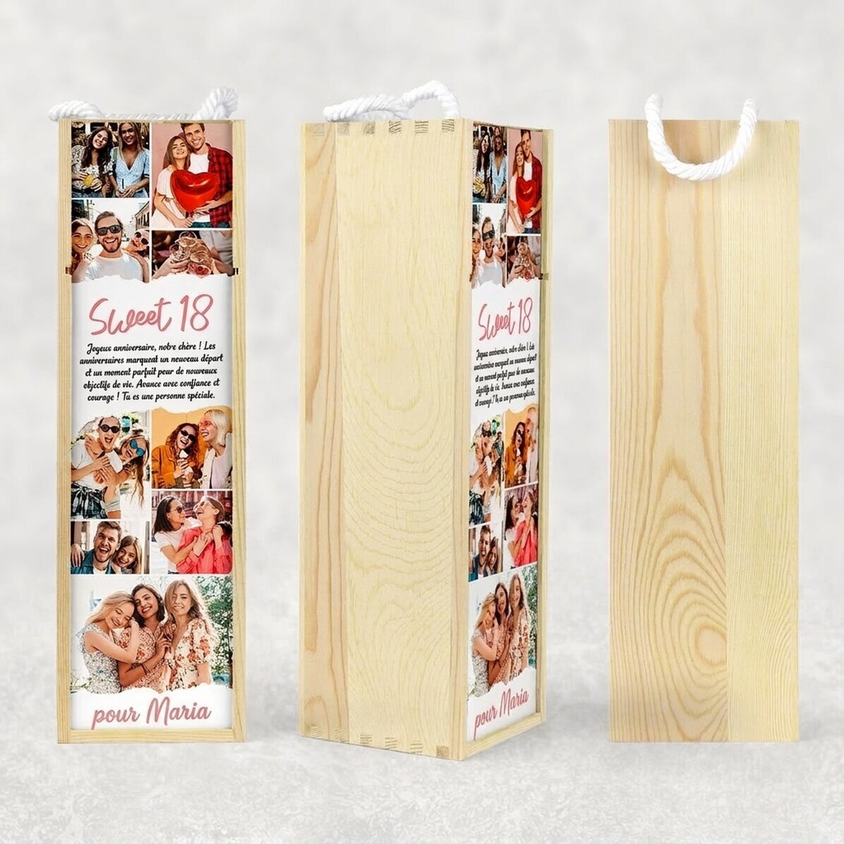 Coffret de vin personnalisé avec un texte et 9 photos pour un anniversaire - Sweet 18