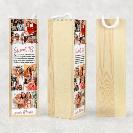 Coffret de vin personnalisé avec un texte et 9 photos pour un anniversaire - Sweet 18