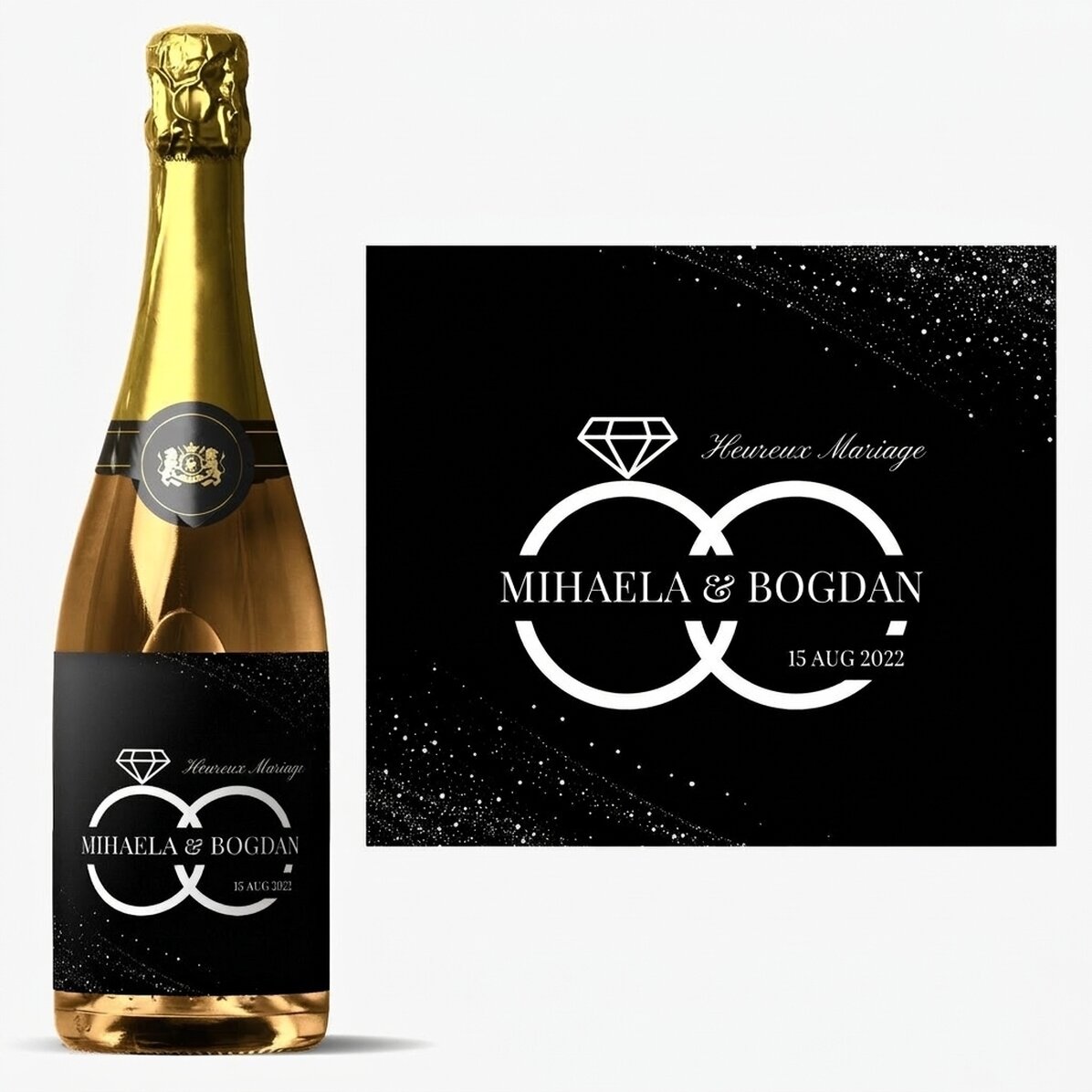Vin mousseux personnalisé avec un nom et un texte pour un mariage