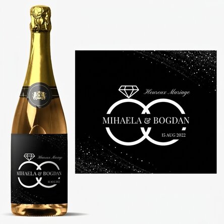 Vin mousseux personnalisé avec un nom et un texte pour un mariage