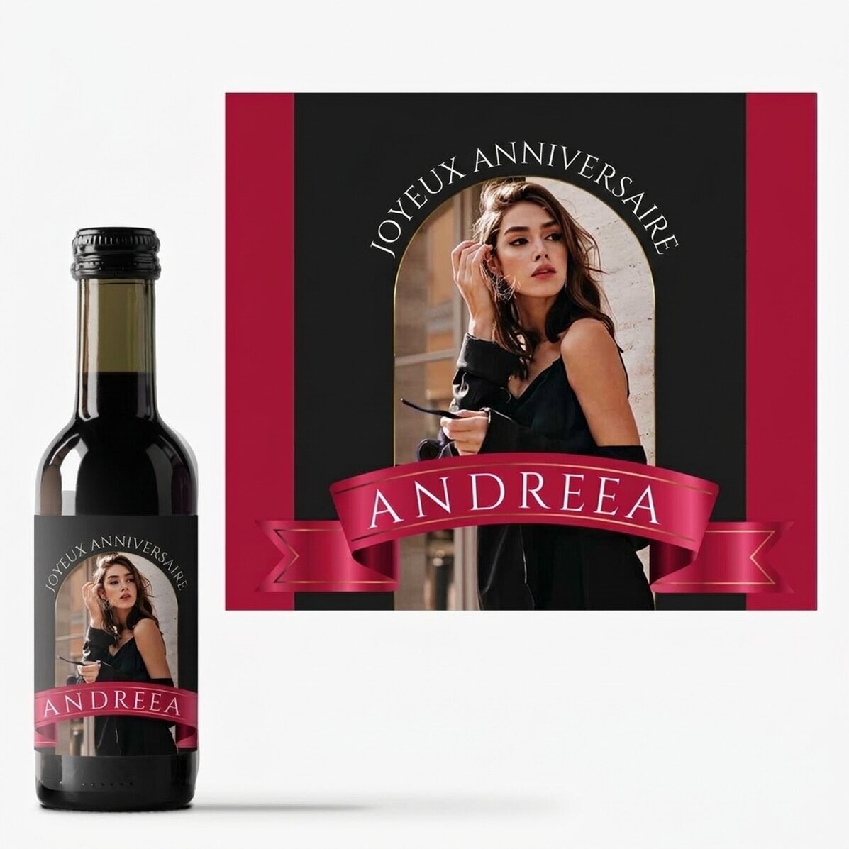 Mini-bouteille de vin personnalisée avec une photo et un texte - Ruban