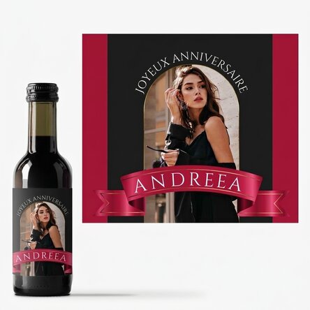 Mini-bouteille de vin personnalisée avec une photo et un texte - Ruban