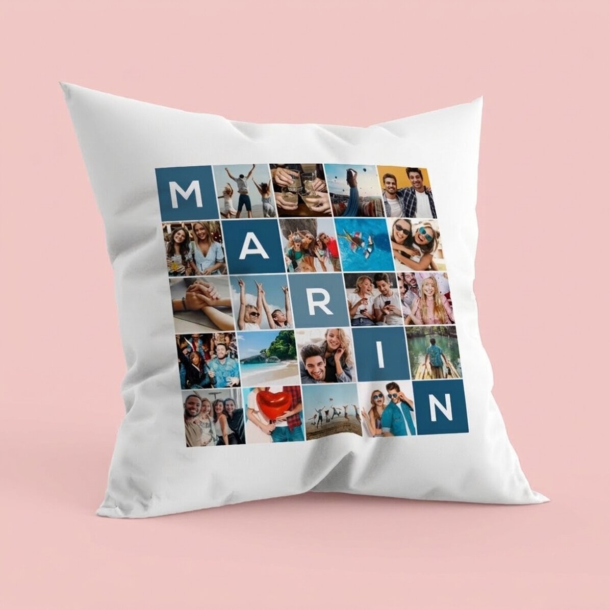 Oreiller personnalisé avec 20 photos et un prénom de 5 lettres
