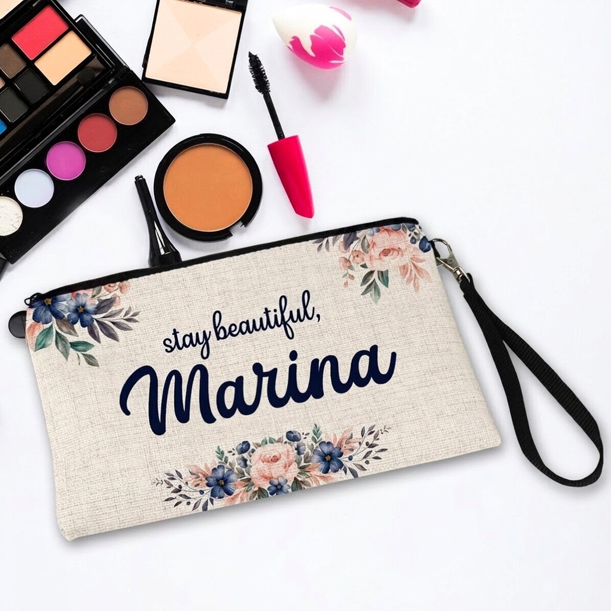 Petite pochette pour accessoires personnalisée avec un texte - Motif floral