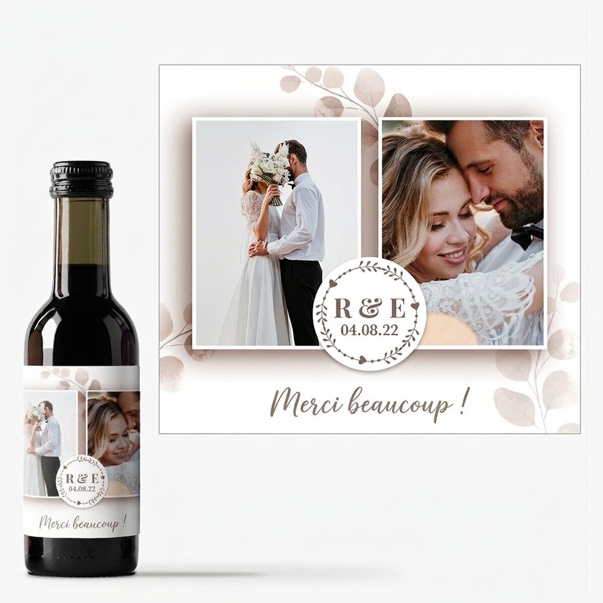 Mini-bouteille de vin personnalisée avec 2 photos et un texte - Cadeaux de mariage
