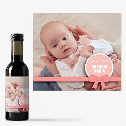 Mini-bouteille de vin personnalisée avec une photo et un texte - Cadeau de baptême pour une petite f