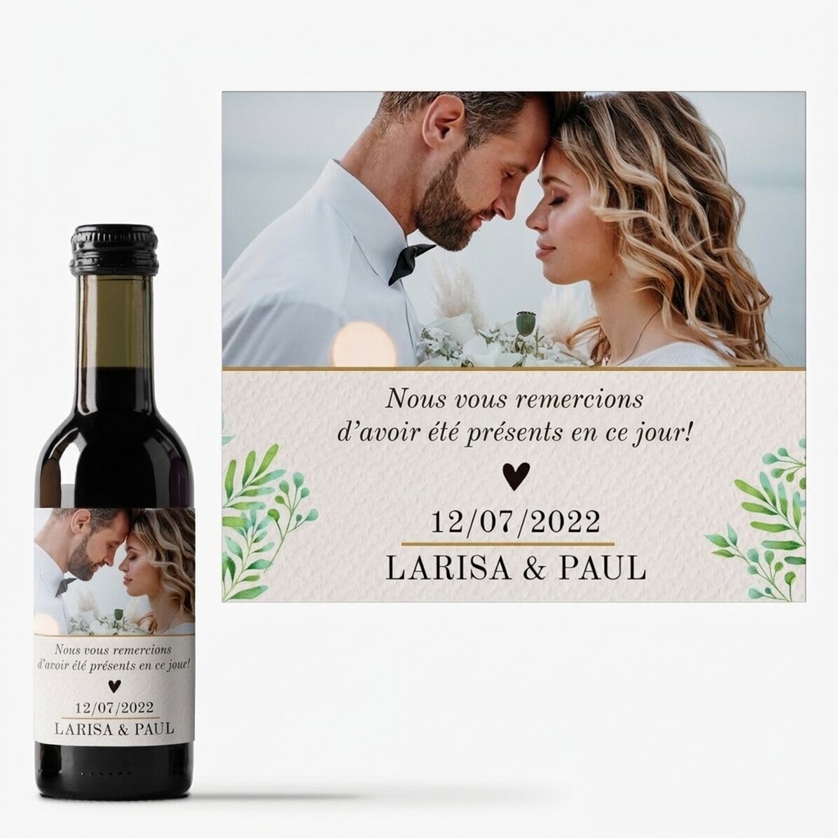 Mini-bouteille de vin personnalisée avec une photo et un texte - Merci !