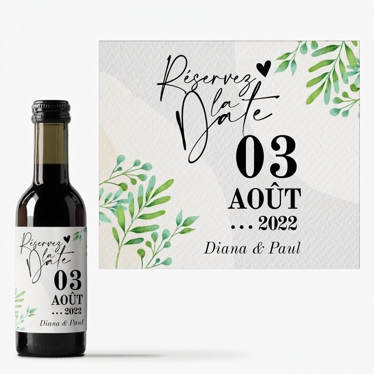 Mini-bouteille de vin personnalisée avec un message - « Save the date »