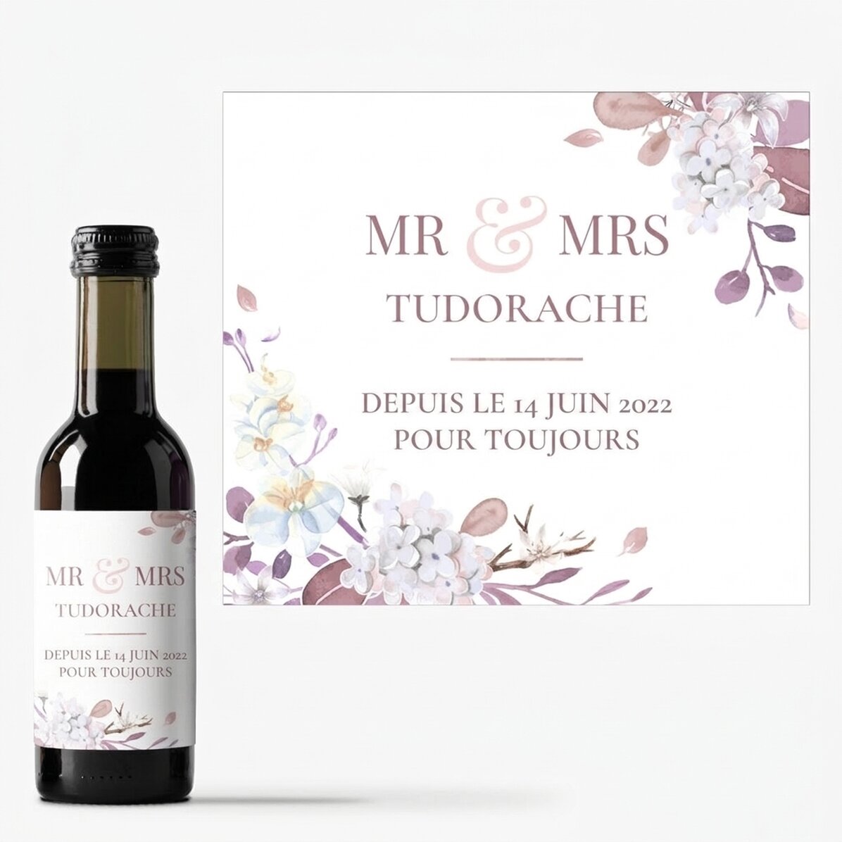 Mini-bouteille de vin personnalisée avec inscription - Mr & Mrs