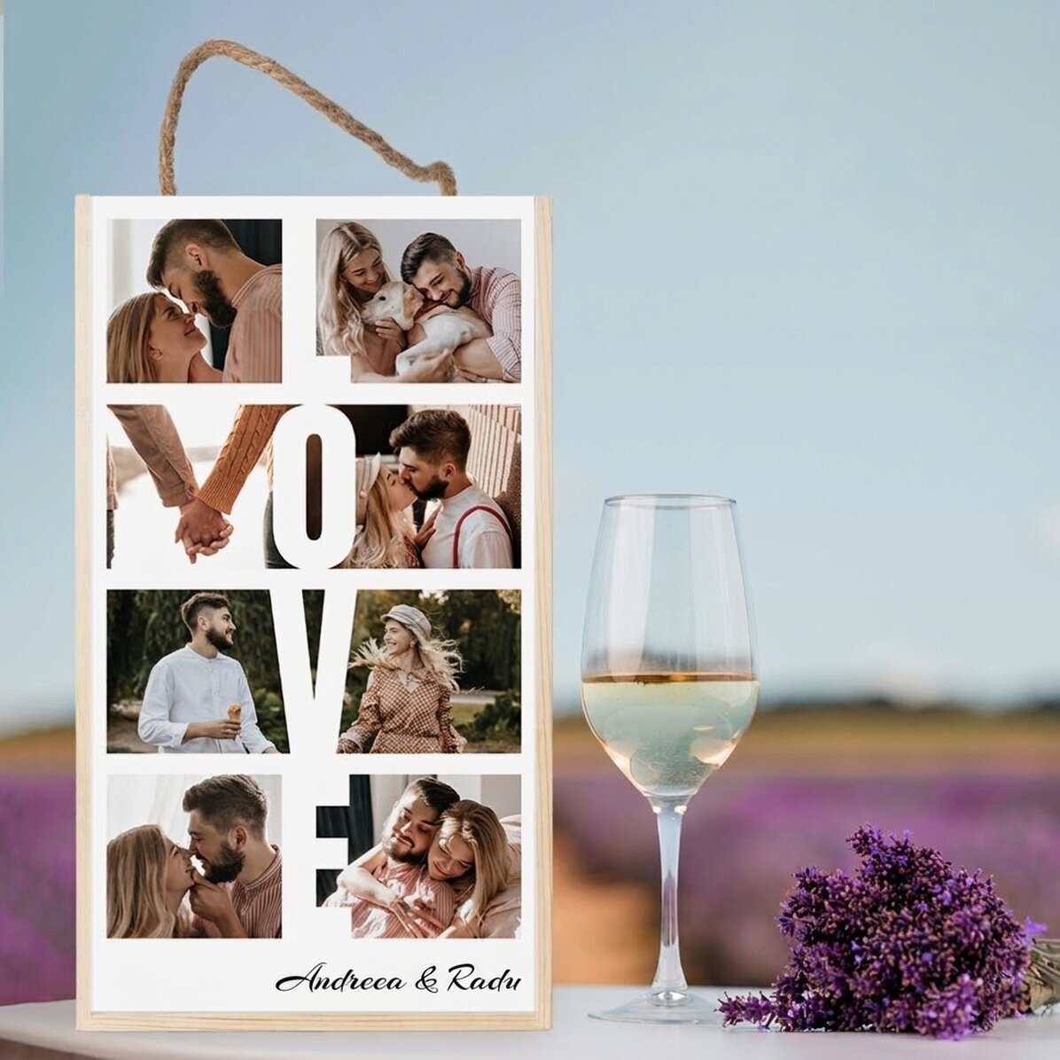 Coffret à vin pour 2 bouteilles, personnalisé avec 8 photos et un message - LOVE