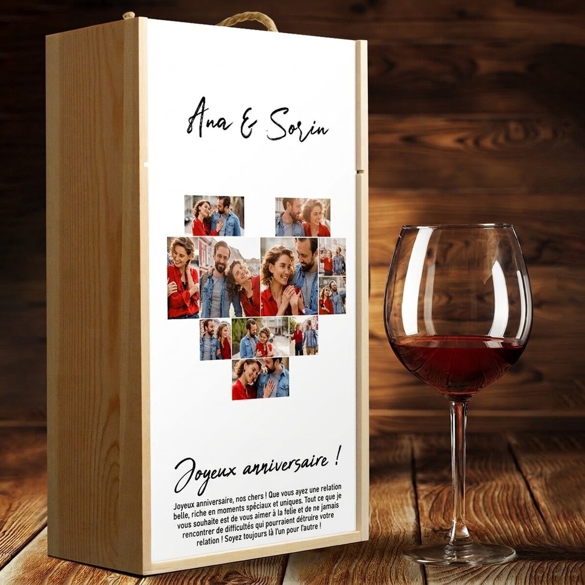 Coffret à vin pour 2 bouteilles, personnalisé avec 11 photos et un message - Cœur