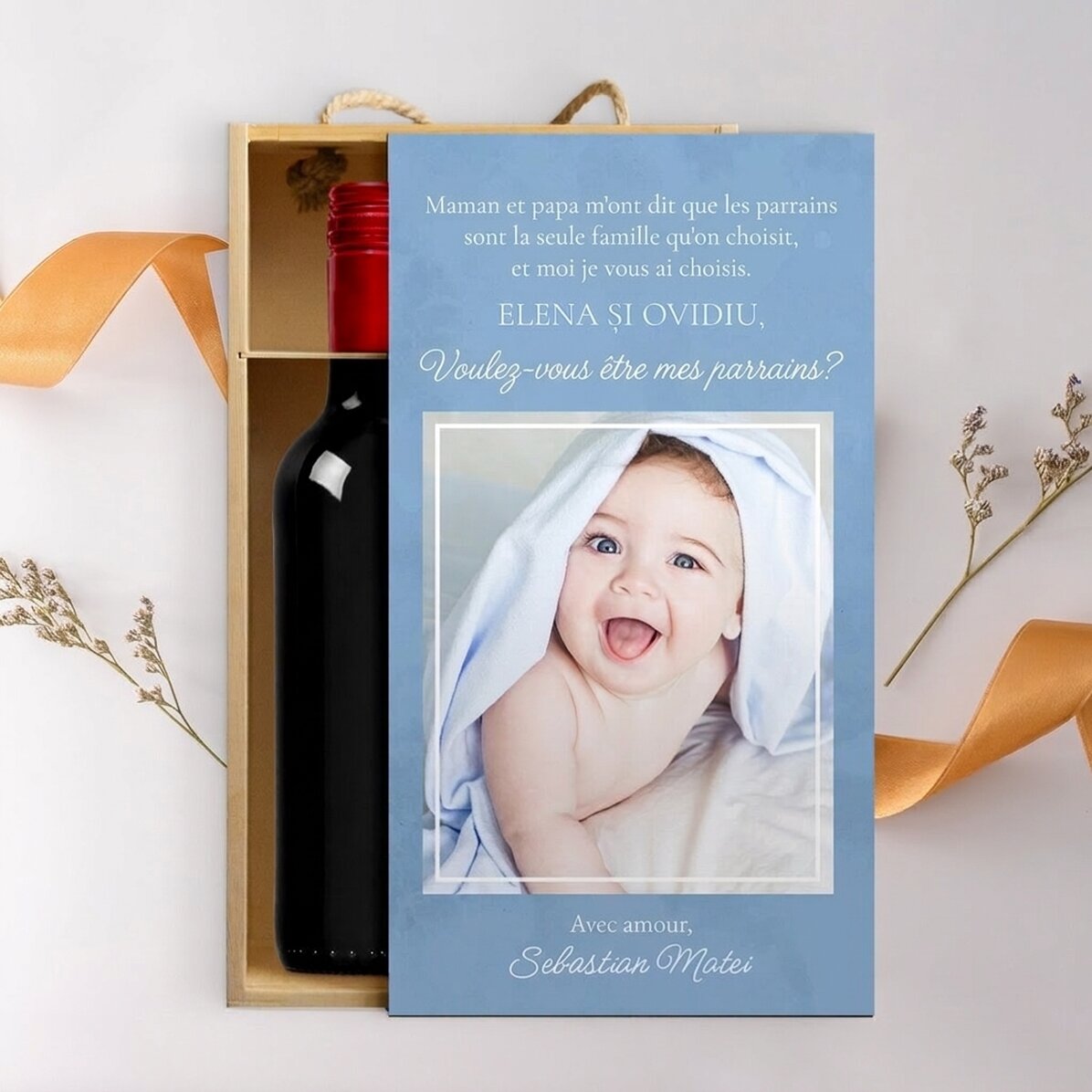 Coffret à vin pour 2 bouteilles, personnalisé avec une photo et un message - Avec toute mon affectio