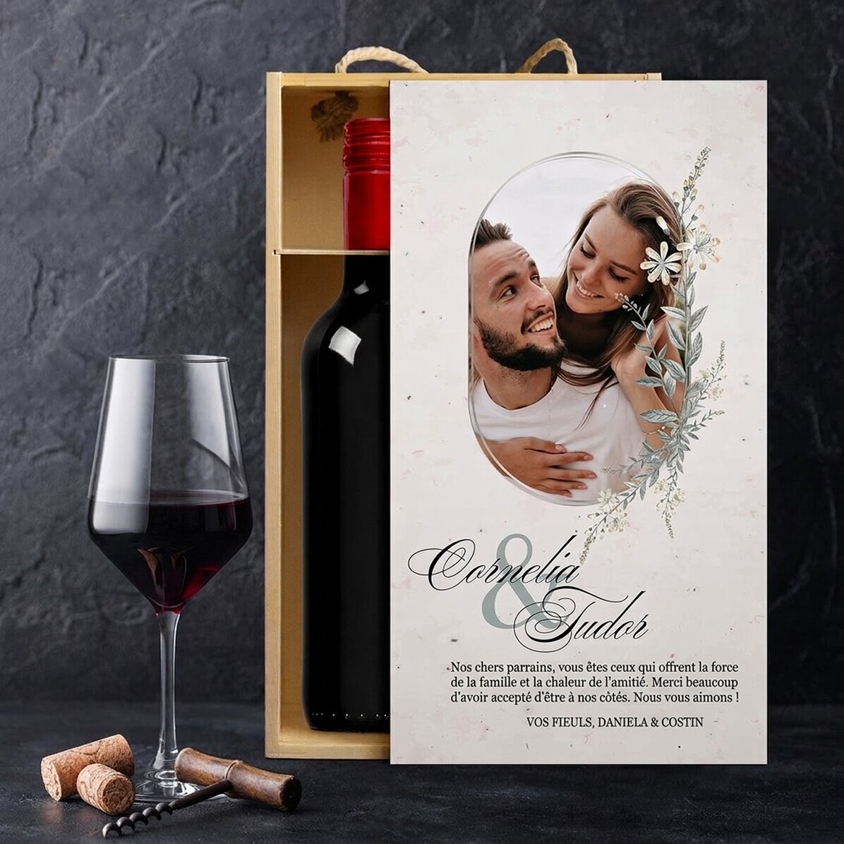Coffret à vin pour 2 bouteilles, personnalisé avec une photo et un message pour les parrains et marr