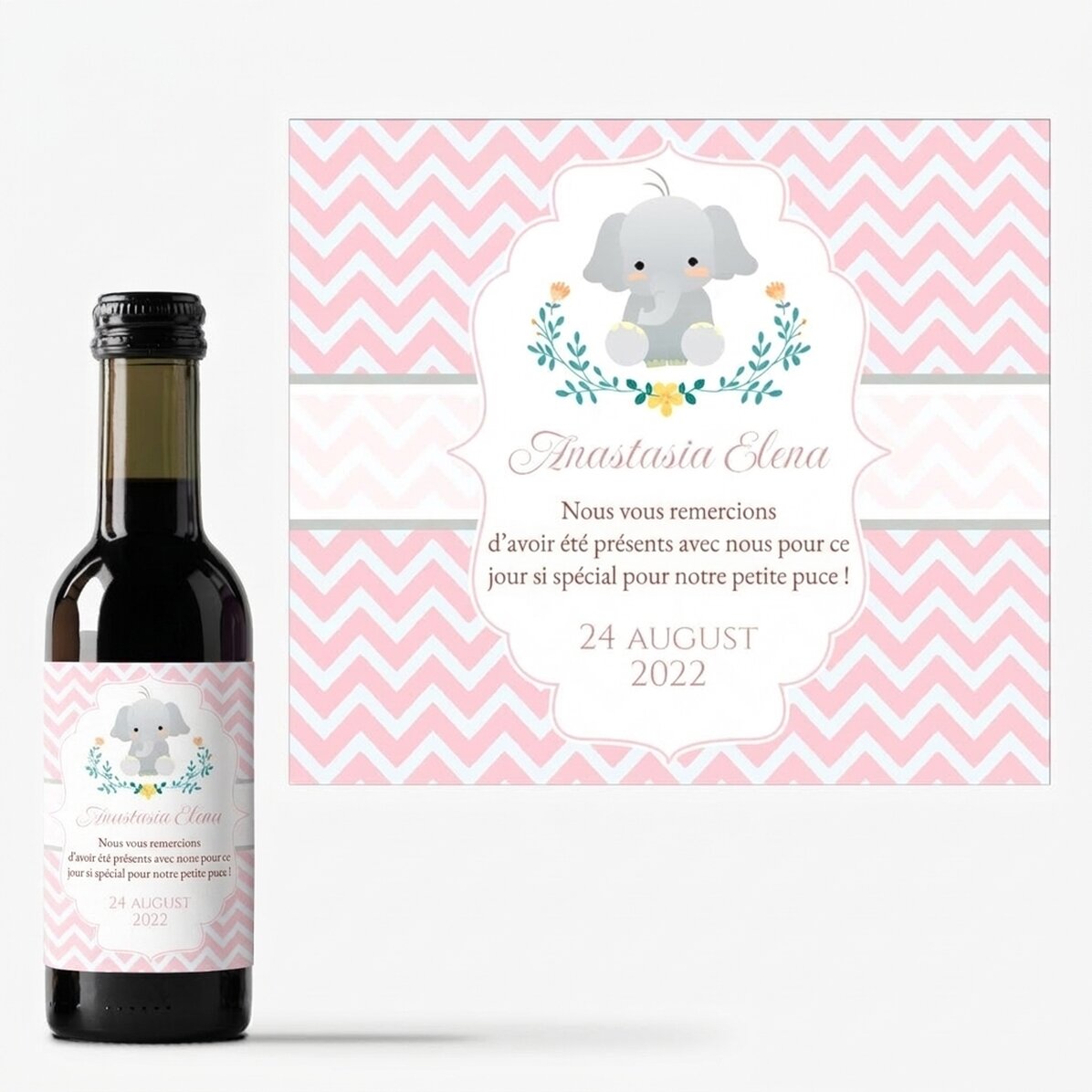 Mini-bouteille de vin personnalisée pour un baptême, avec inscription - Éléphant