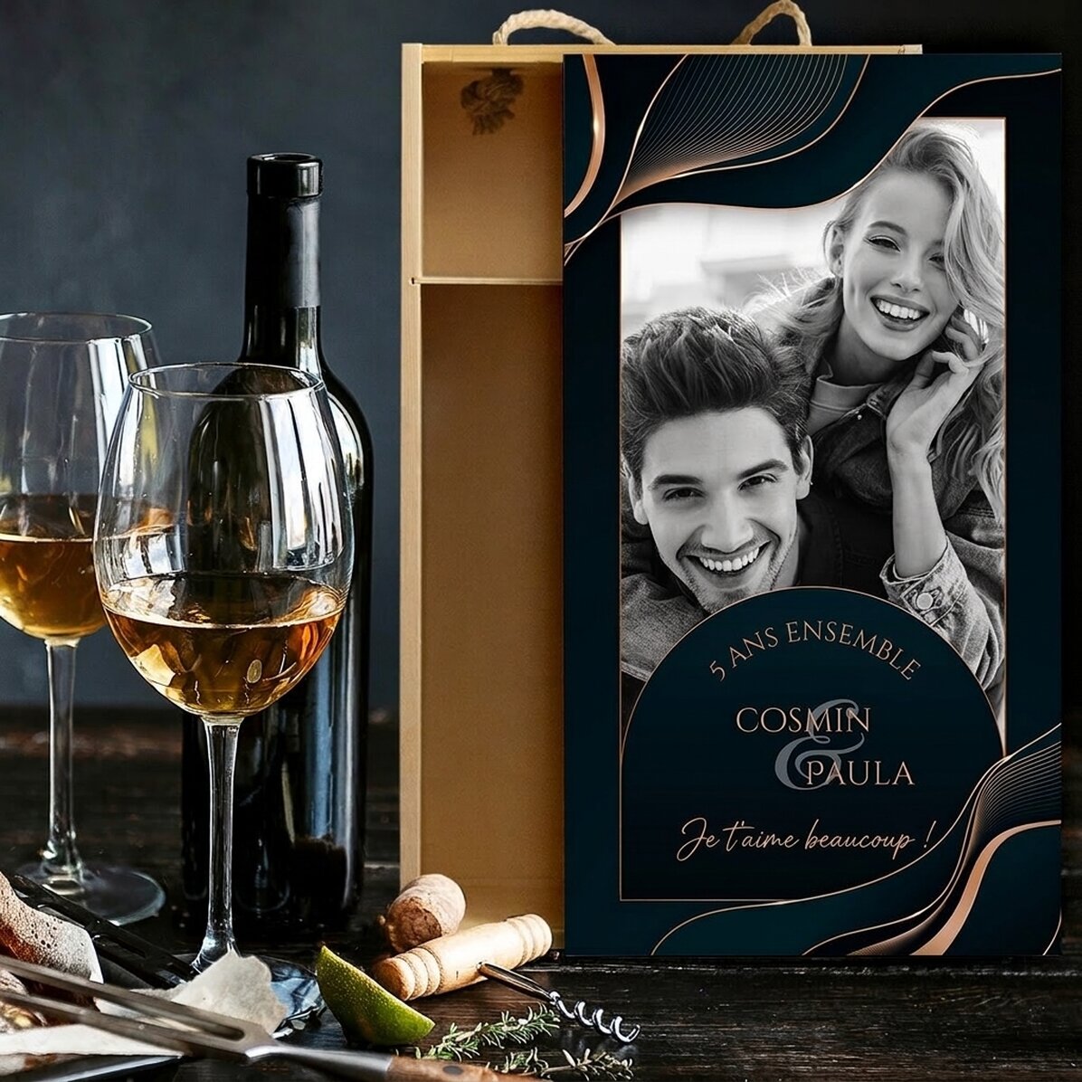Coffret à vin pour 2 bouteilles, personnalisé avec une photo et un texte pour l