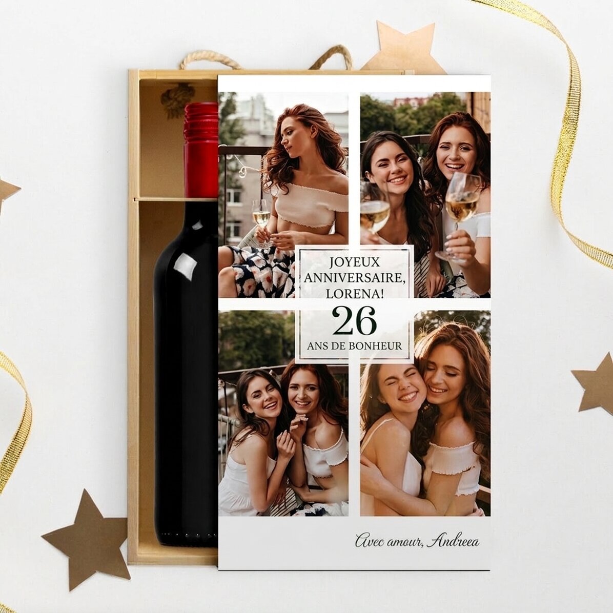 Coffret à vin pour 2 bouteilles, personnalisé avec 4 photos et un texte - Joyeux anniversaire