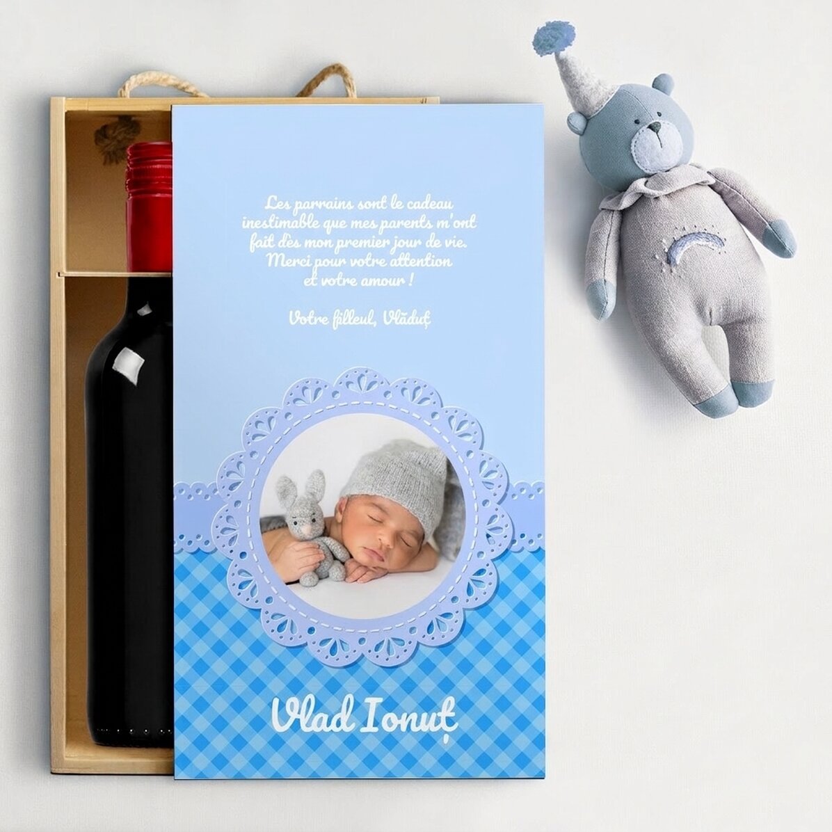 Coffret à vin pour 2 bouteilles, personnalisé avec un message pour les parrains et marraines - Petit