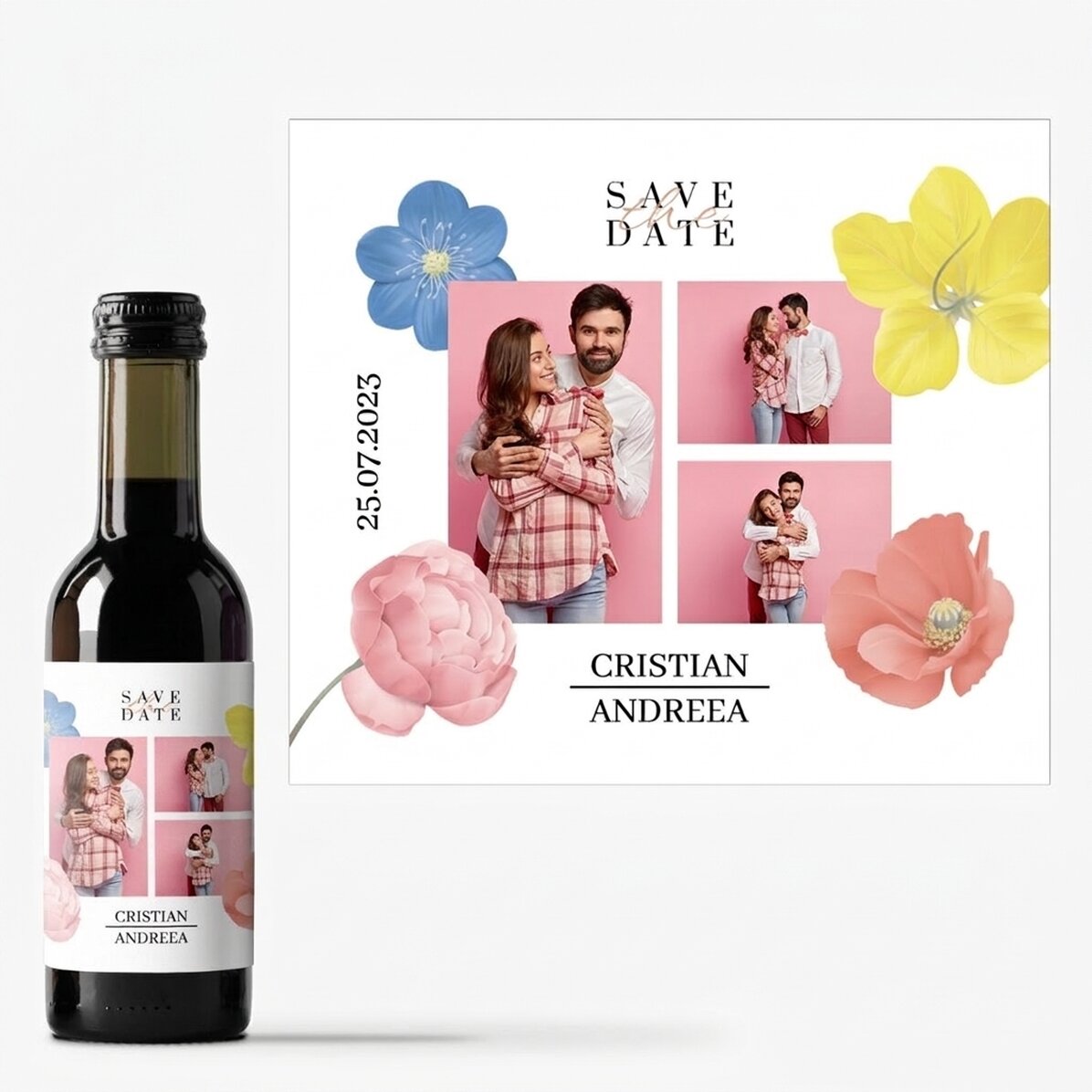 Mini-bouteille de vin personnalisée avec 3 photos et un texte - Save the date