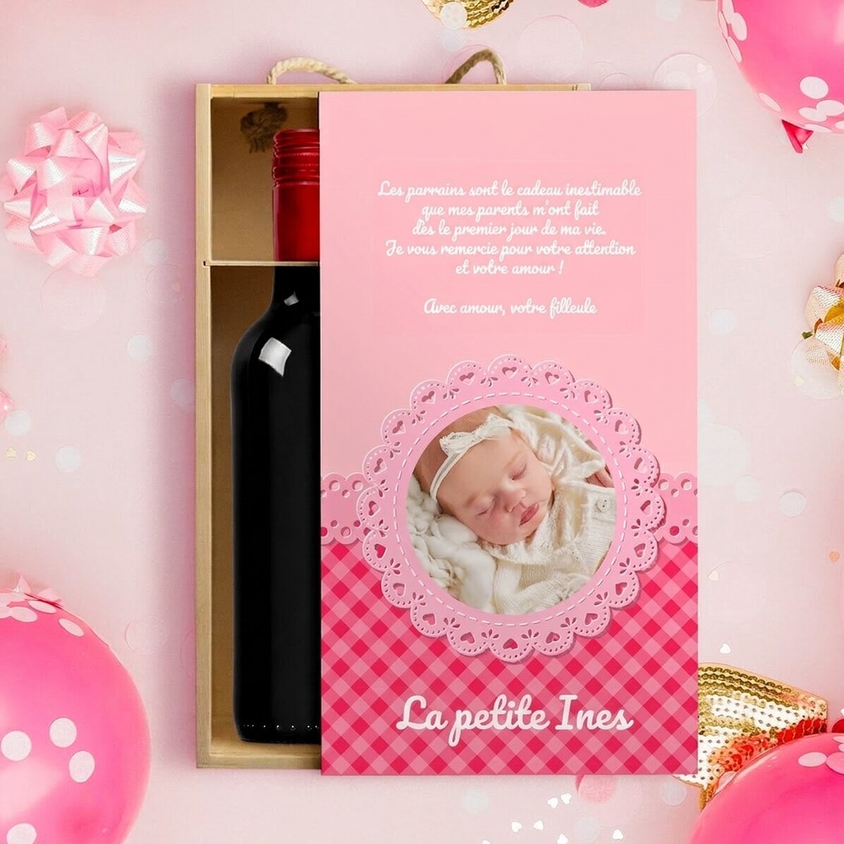 Coffret à vin pour 2 bouteilles, personnalisé avec un message pour les parrains et marraines - Petit