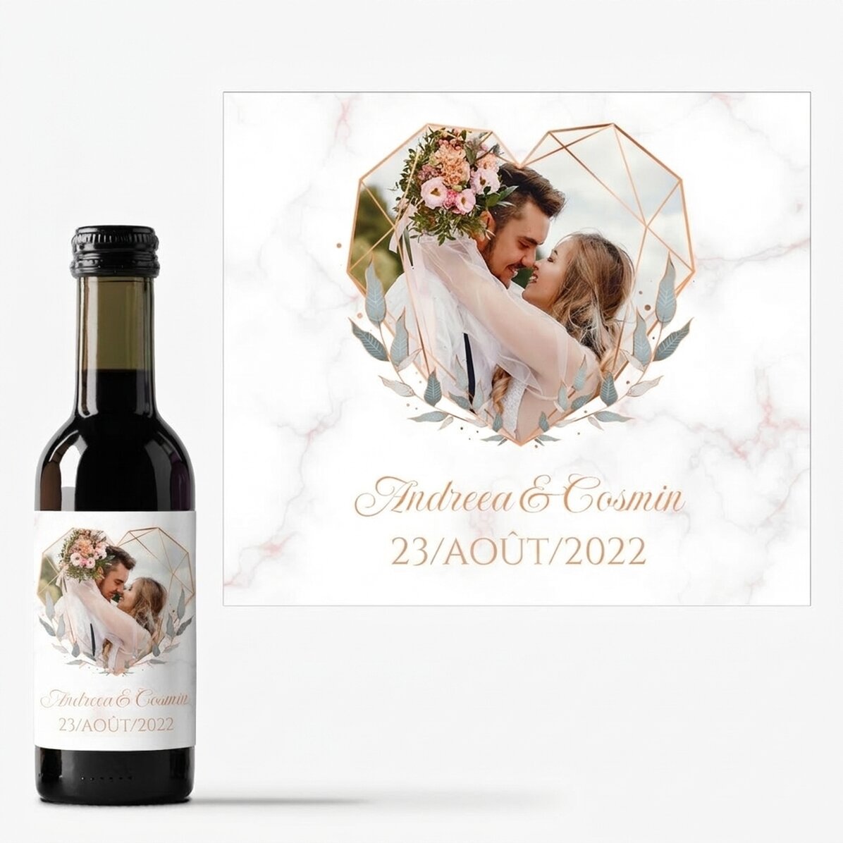 Mini-bouteille de vin personnalisée avec une photo et un texte - Cœur
