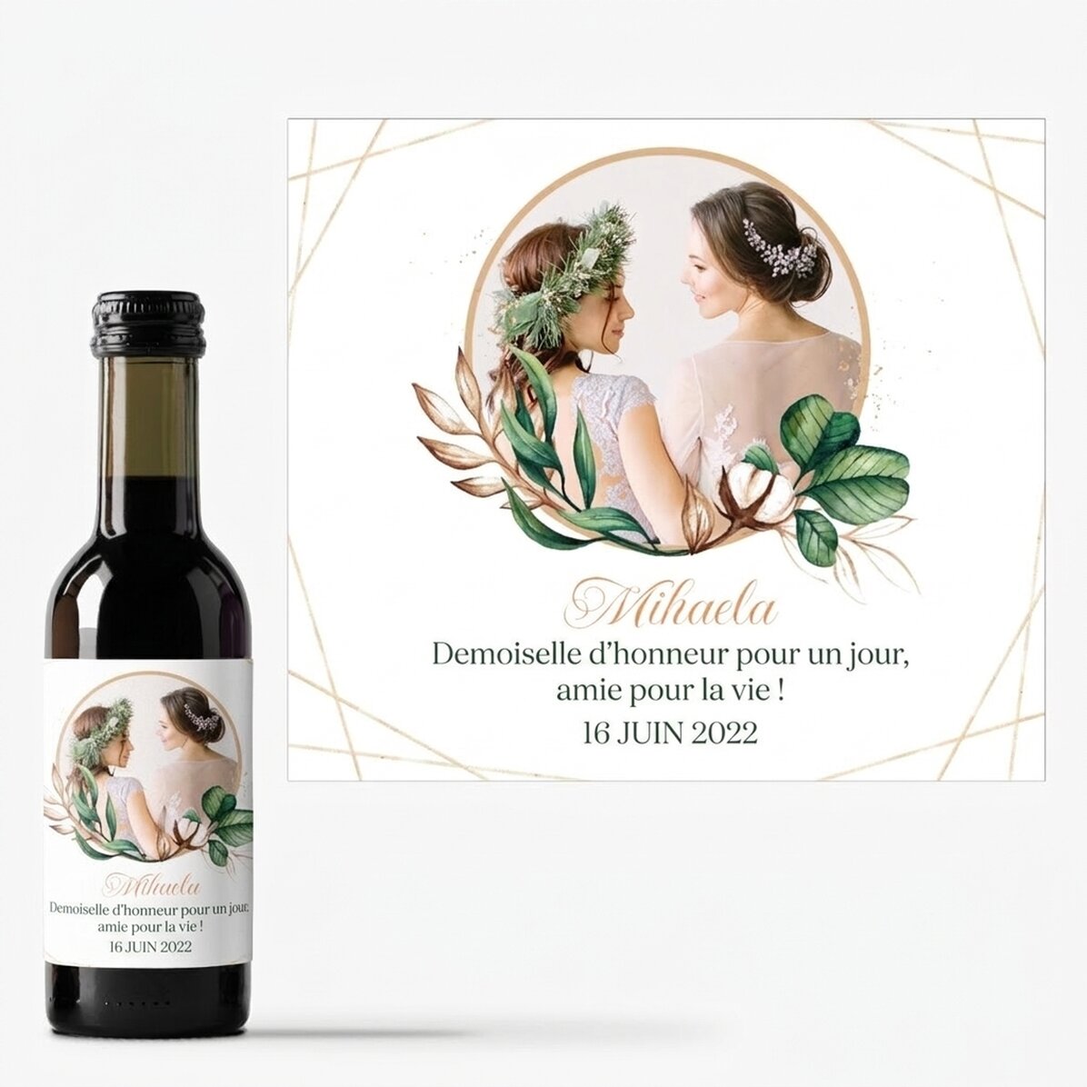 Mini-bouteille de vin personnalisée avec une photo et un texte pour la demoiselle d