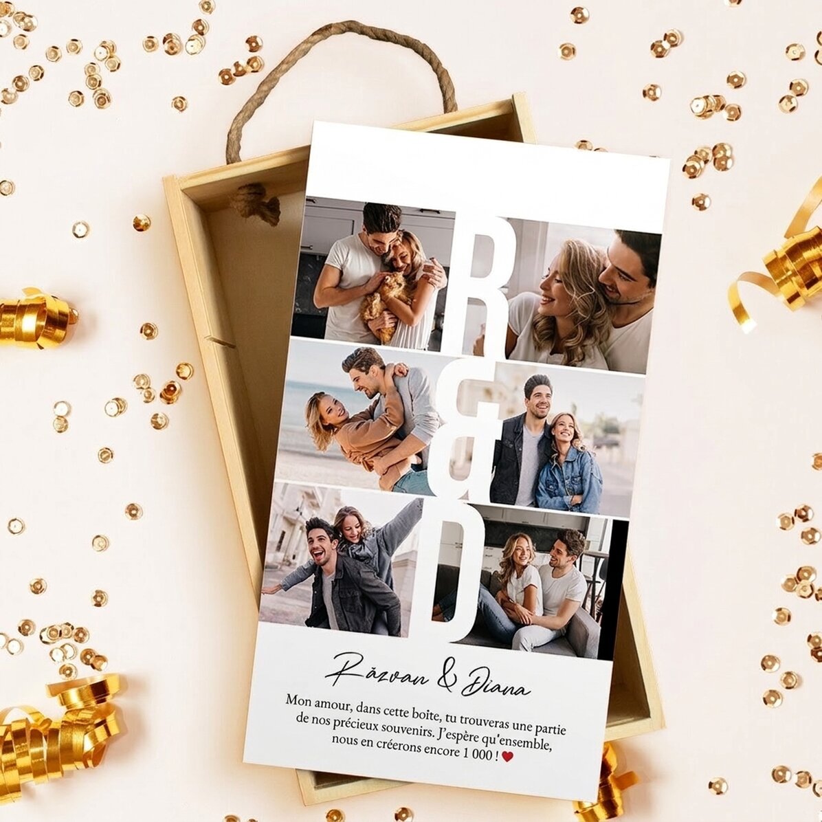 Coffret cadeau en bois personnalisé avec 6 photos et un message - Souvenirs chers