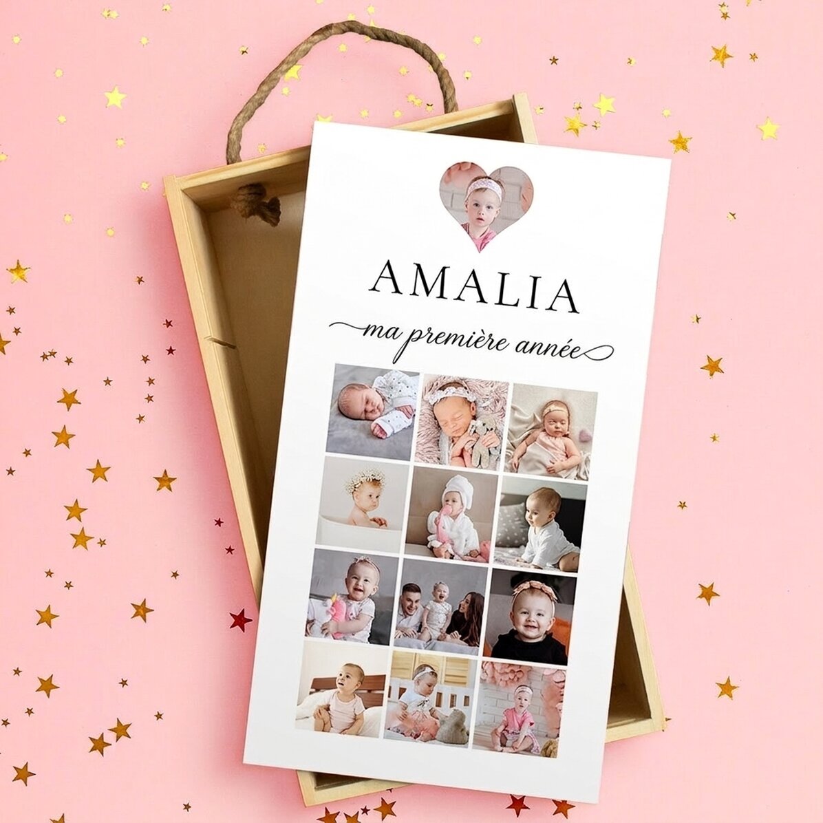 Coffret cadeau en bois personnalisé avec 13 photos et un texte - Ma première année