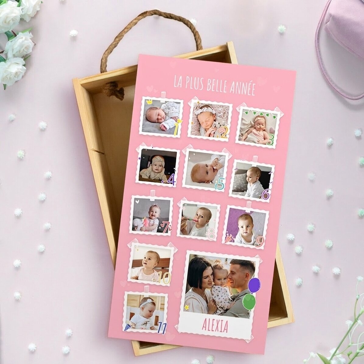 Coffret cadeau en bois personnalisé avec 13 photos et un texte - Premier anniversaire