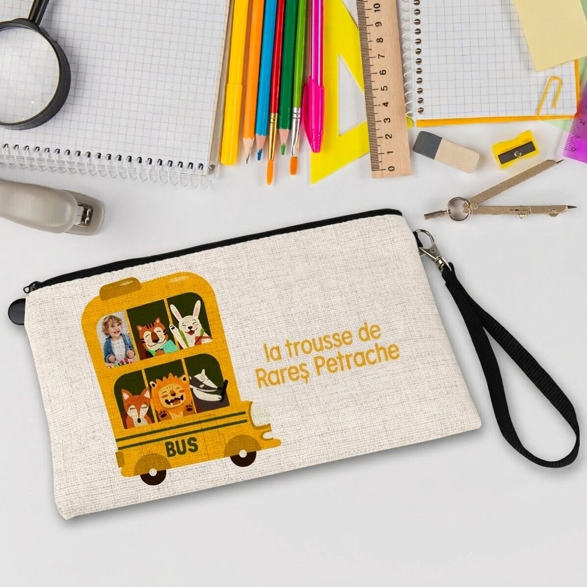 Trousse scolaire personnalisée avec photo et texte - Bus