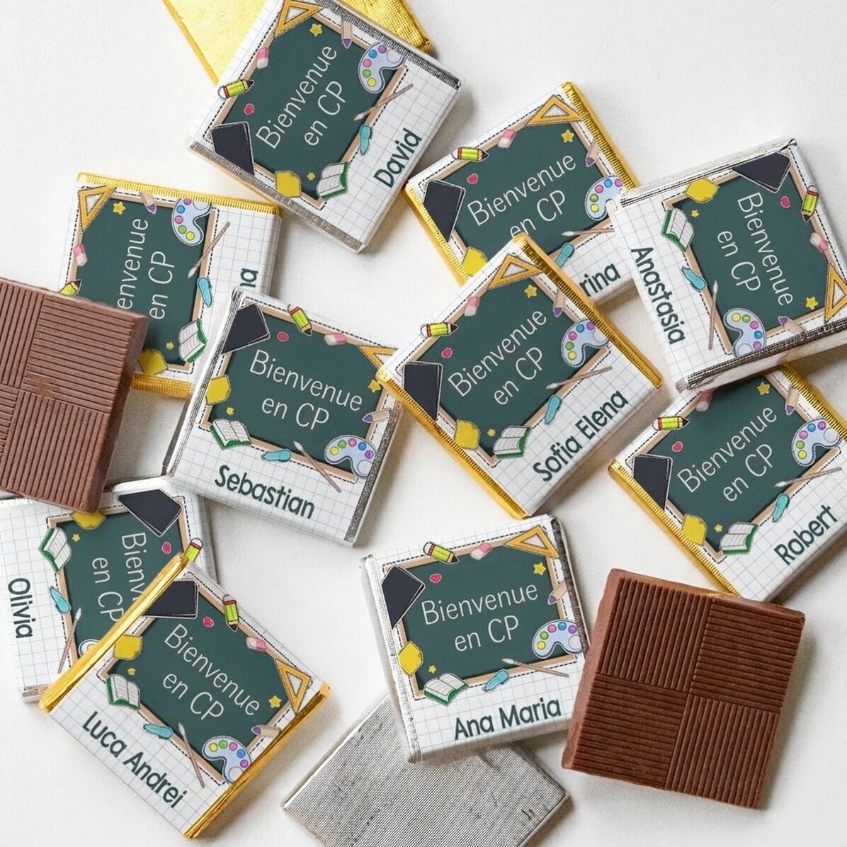 Lot de 10 mini-chocolats personnalisés avec un message pour la rentrée scolaire