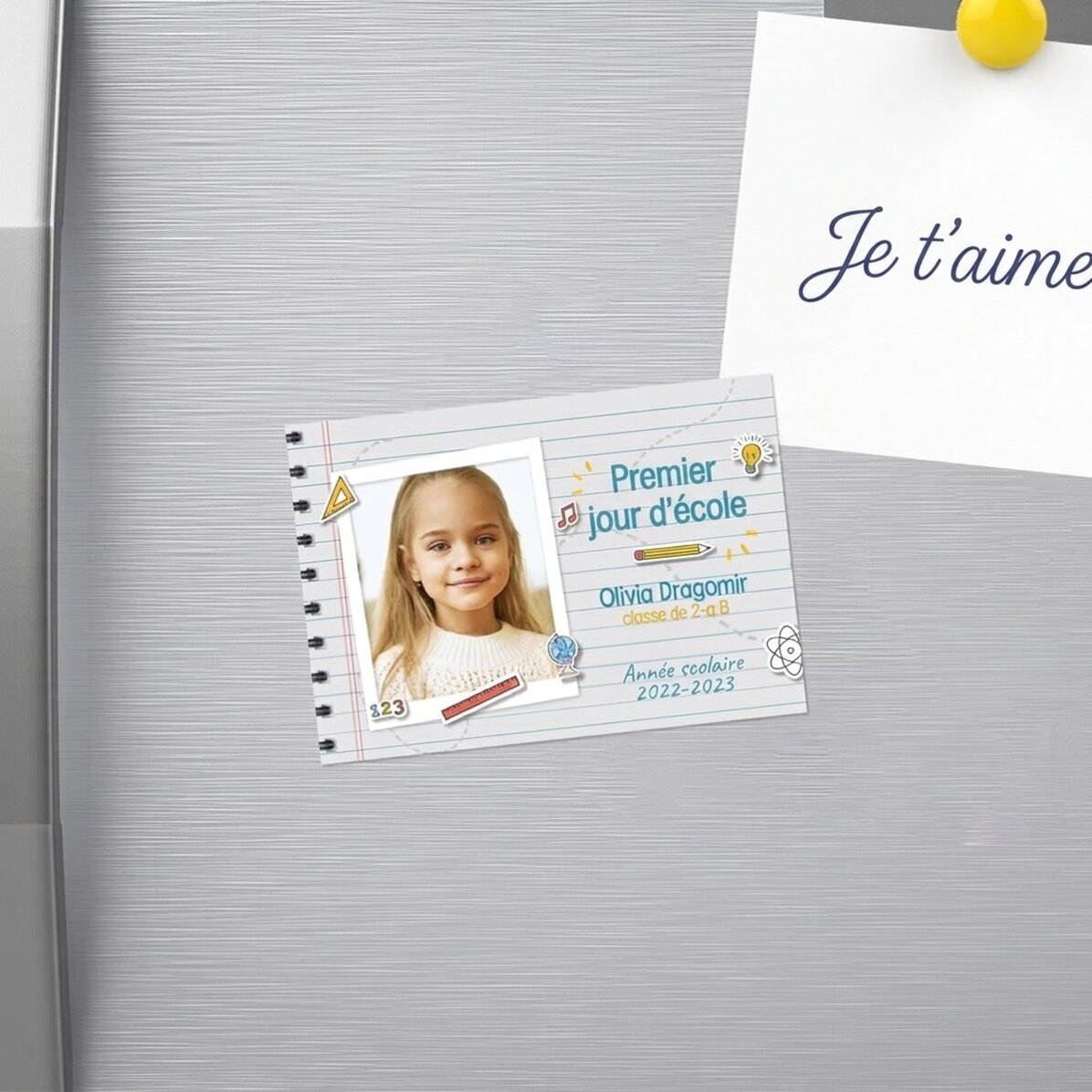 Aimant personnalisé de 10 x 7 cm avec une photo et un texte - Premier jour d
