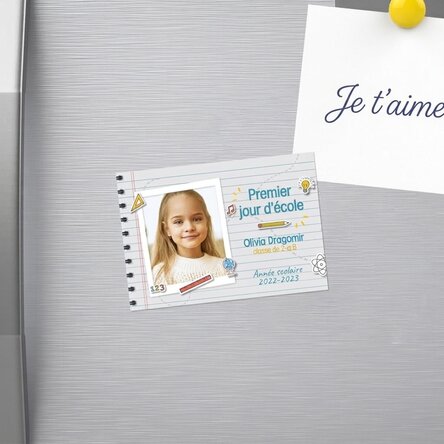 Aimant personnalisé de 10 x 7 cm avec une photo et un texte - Premier jour d'école